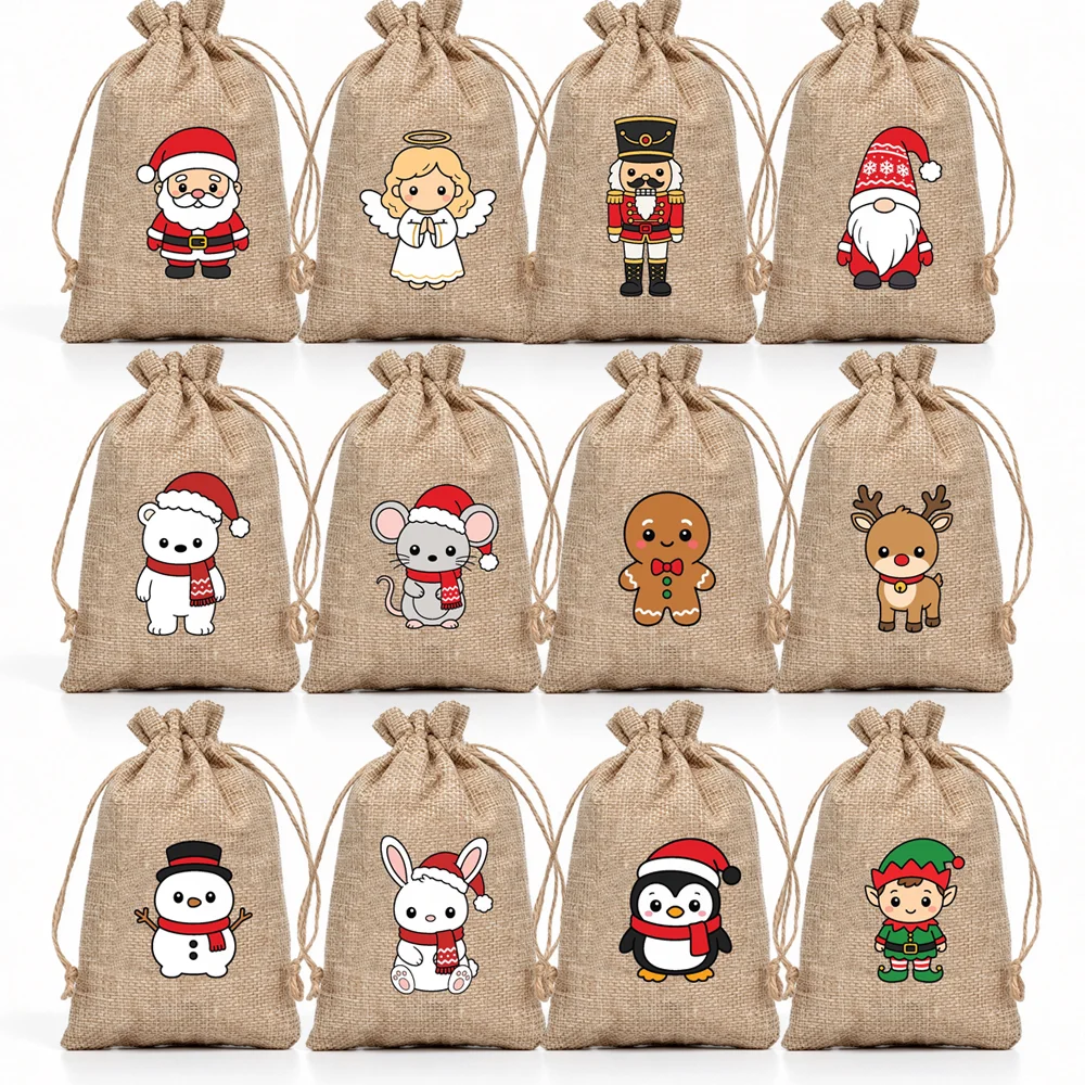 12Pcs 10x14cm Christmas Burlap Gift Bags Drawstring Jute Sacks Candy Goodie Treat Pouches Xmas Holiday Party Favor Supplies