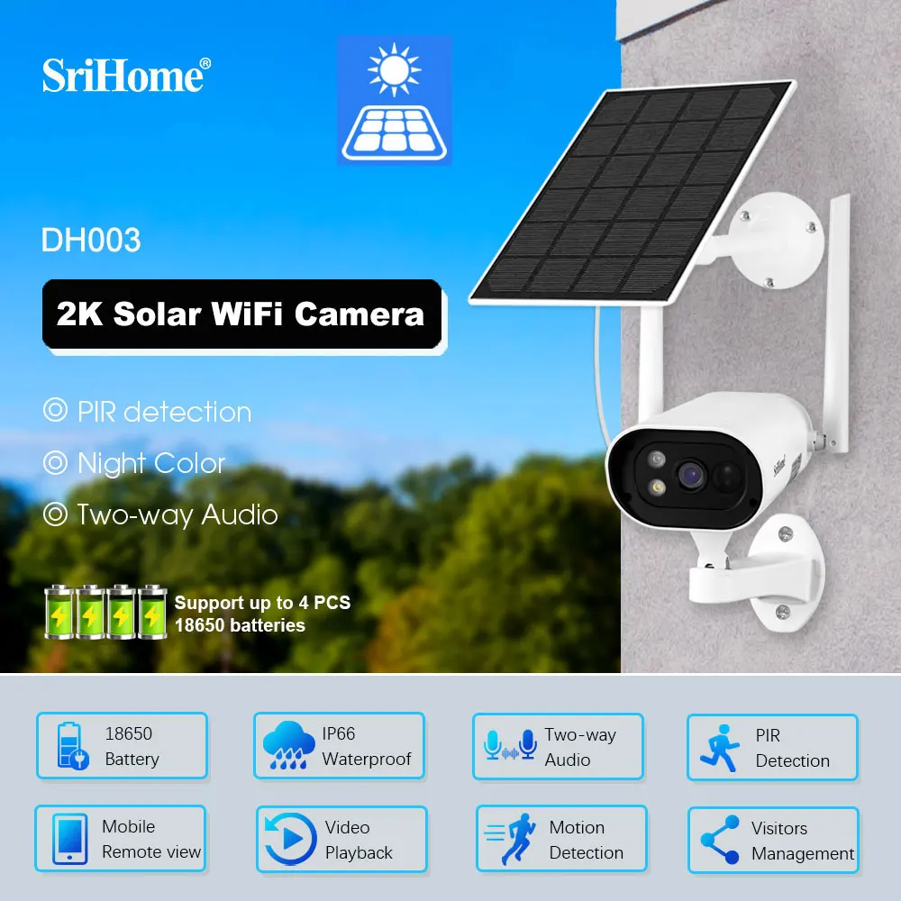 SriHome 4MP Solar WIFI Camera Tracking Two-way Audio Mobile Remote View PIR detection Rainproof Video Surveillance