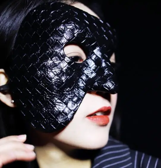 Nightclub Dance Mask Half Face Black PU Leather Party Women Plaid