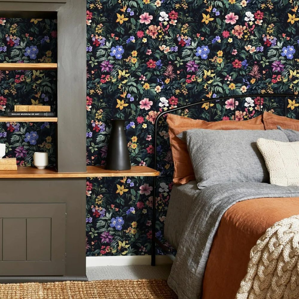 French Retro Wallpaper Self Adhesive Dark Floral Wallpaper Waterproof Antique Cabinet Renovation Sticker removable