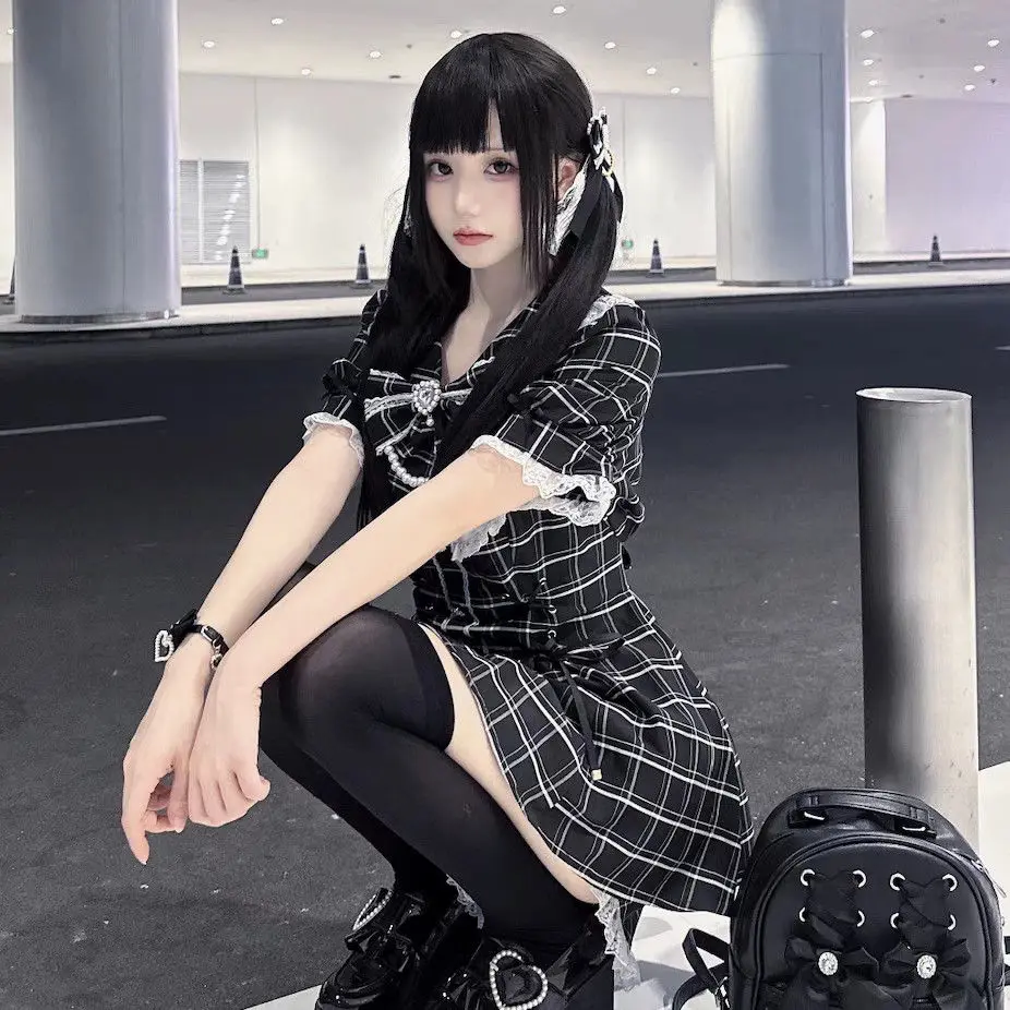 النمط الياباني لوليتا فستان حلو مجموعة 2025 جديد خمر منقوشة لطيف القوس قصيرة الأكمام بلايز Jk عادية Y2k السراويل الفتيات Kawaii مجموعة #5