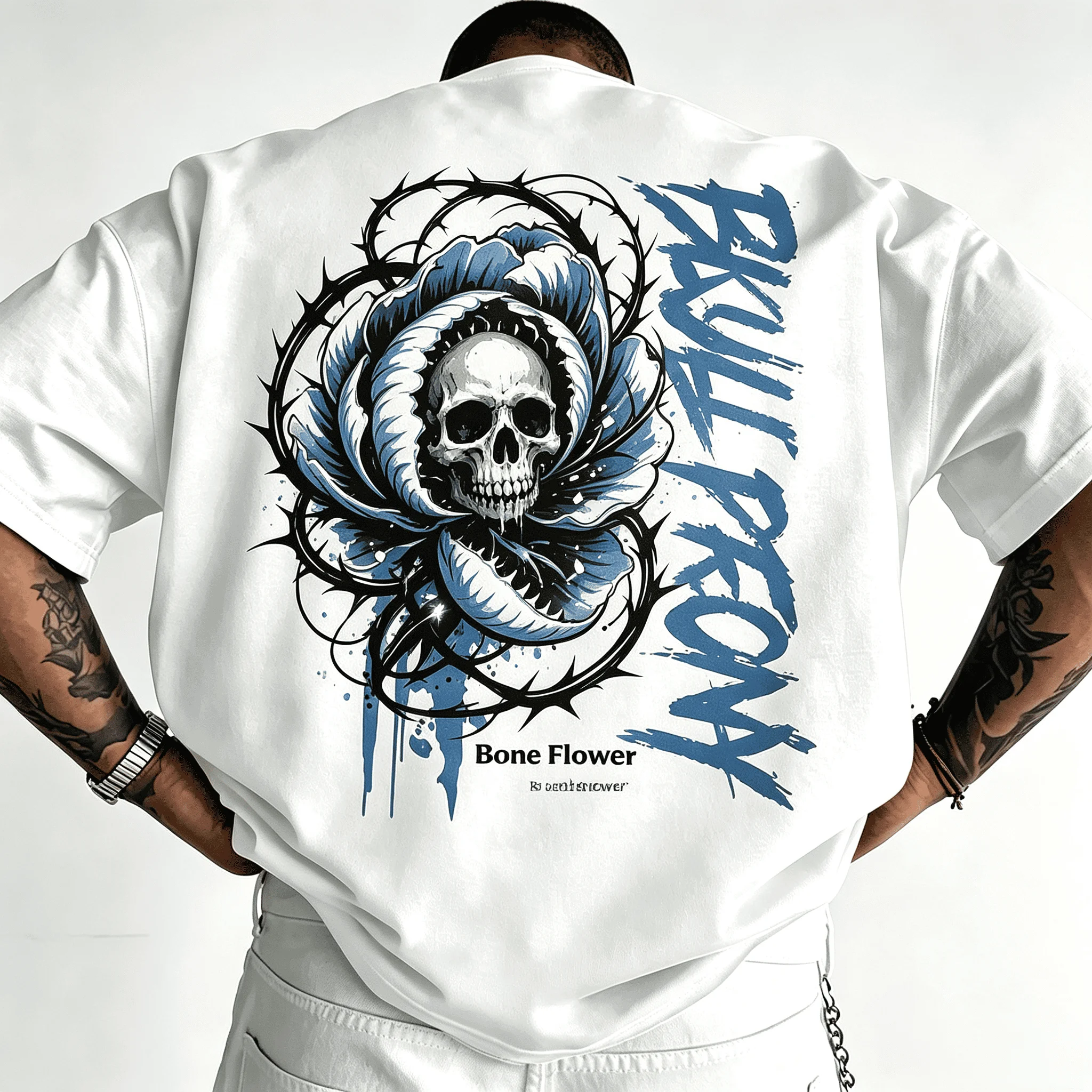 Unisex Oversized White T-Shirt Skull Peony Thorn Bone Flower Graphic Back Print Goth Streetwear Short Sleeve Tee For Men Women