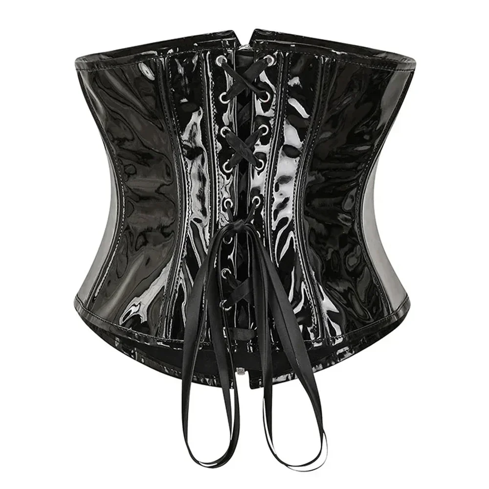 PVC Corset Top Black, Gothic Steampunk Underbust Bustier Women Lace Up Waist Cincher Sexy Clubwear Shapewear Slim Belt image 2