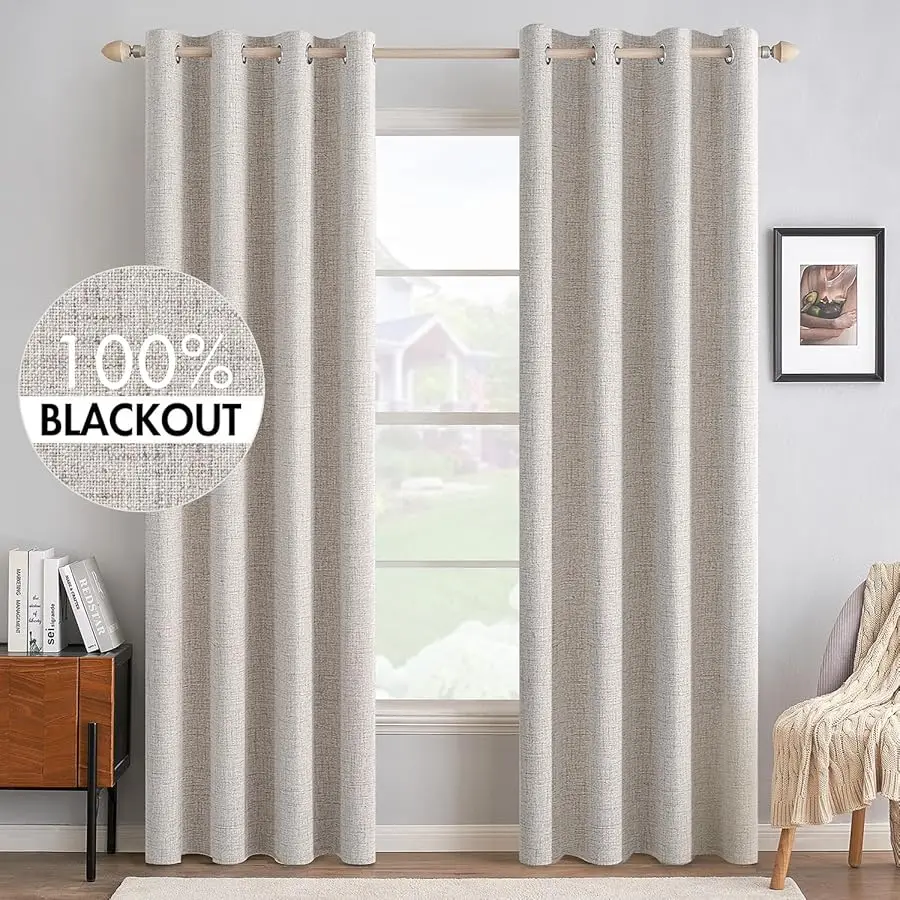

100% Blackout Linen Textured Curtains for Bedroom Solid Thermal Insulated I ory Grommet Room Darkening Curtains & Drapes Luxury