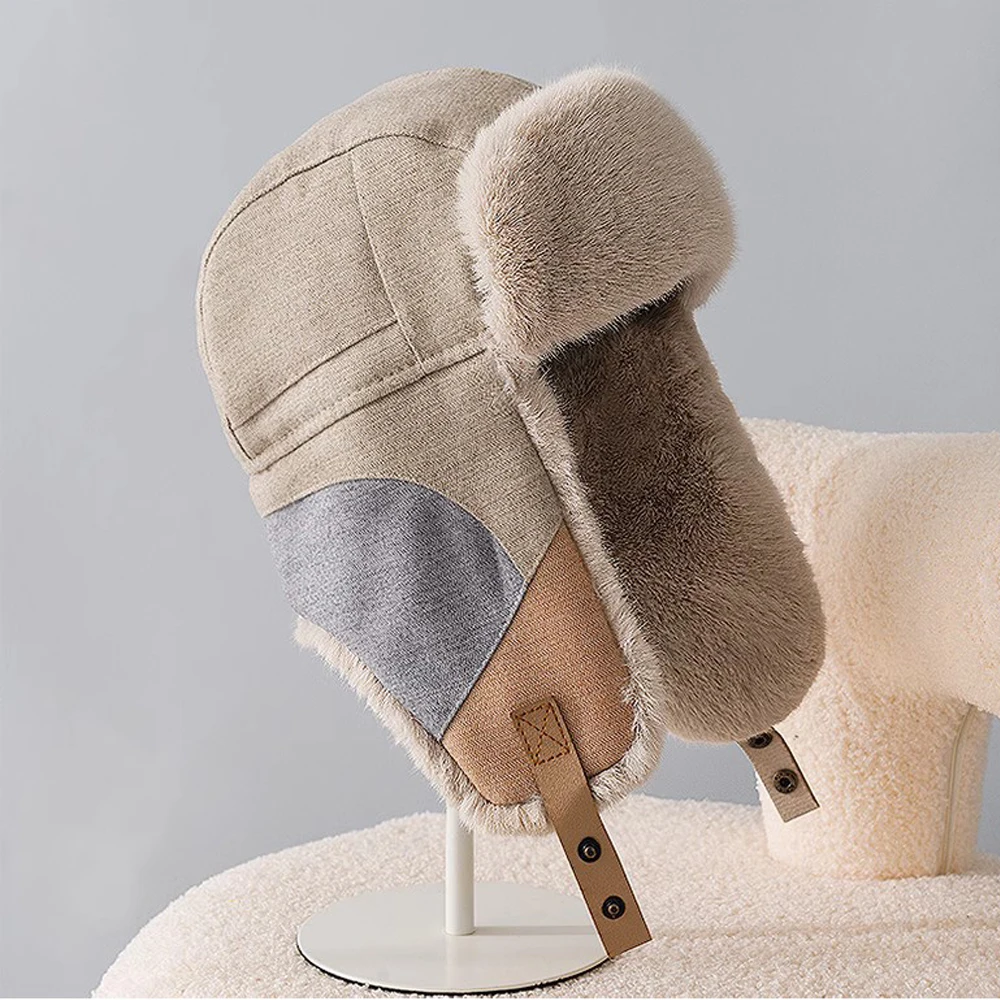 

Winter Bomber Hat for Men Thickened Warm Earflap Pilot Hat Windproof Splicing Faux Rabbit Russian Ushanka Bomber Trapper Cap