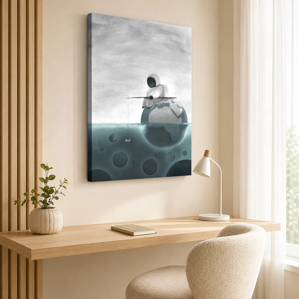 Astronaut Sitting On Small Planet Canvas Poster Customized Photo Painterly Wall Art For Science Classroom, Astronomy Fan Gift