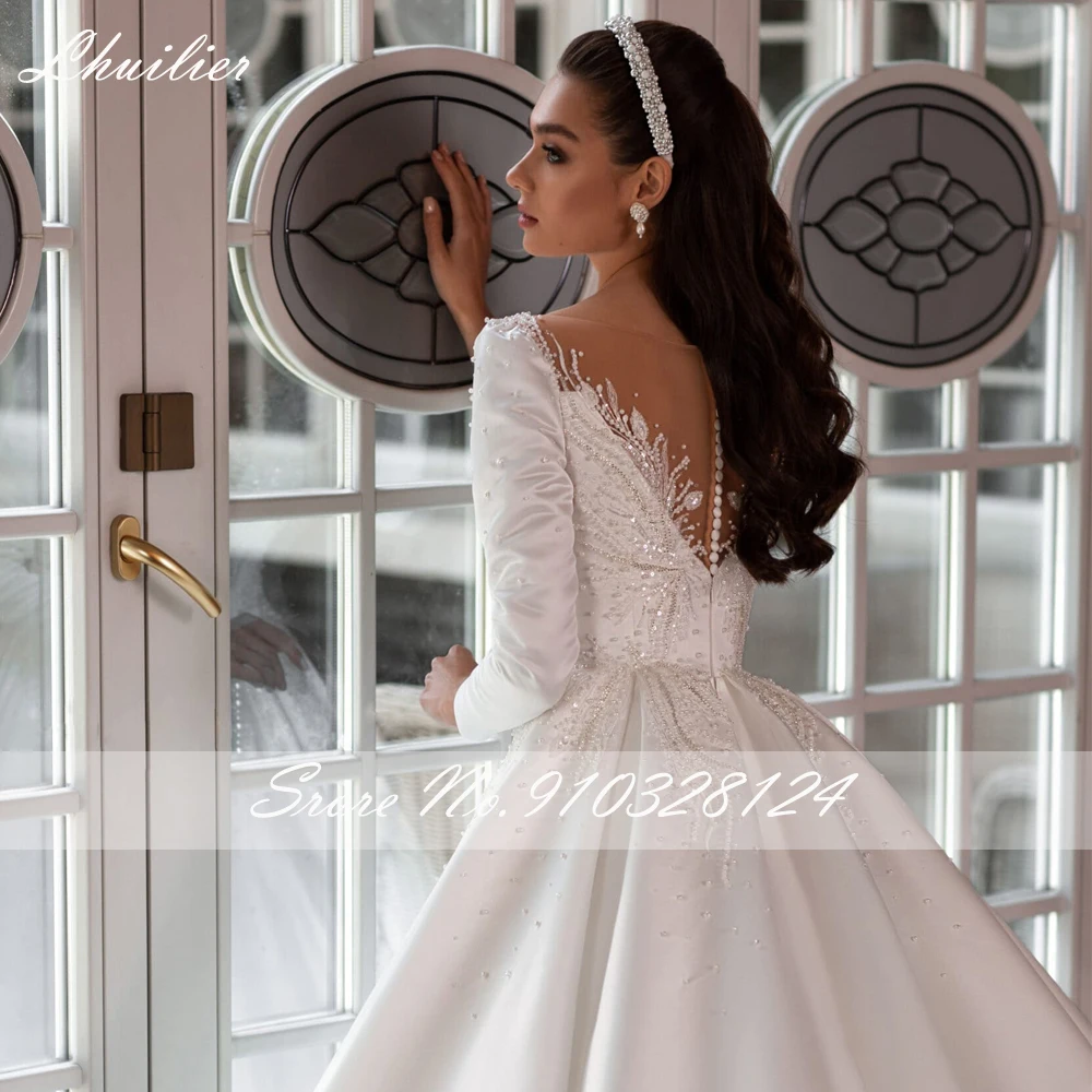 Lhuillier Elegant A Line Scoop Neck Satin Wedding Dresses Floor Length Pearls Beaded Long Sleeves Bridal Dress with Chapel Train