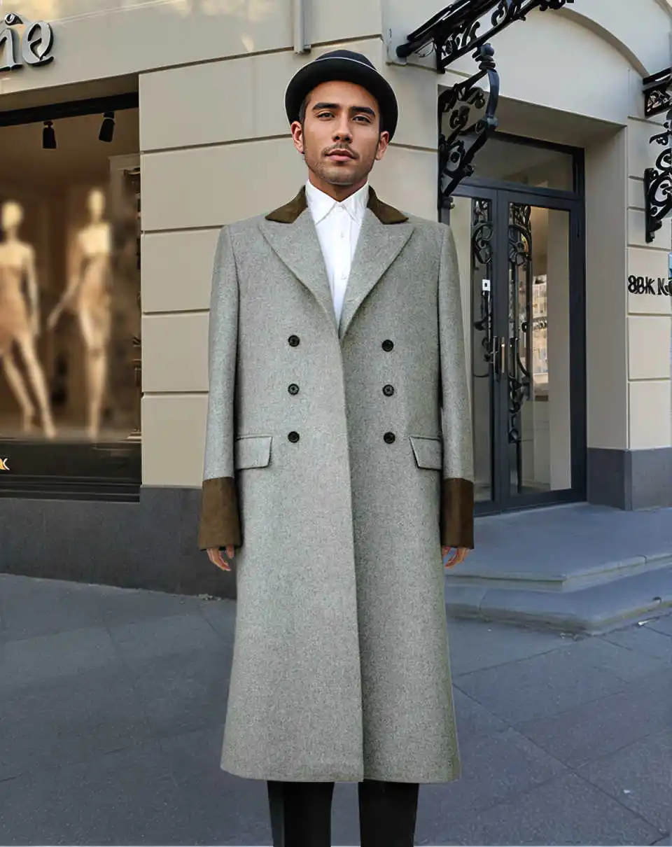 Modern Men Long Coat Double Breasted  Business Blazers Wool Blends Wedding Prom Event  Jacket Overcoat   Customized