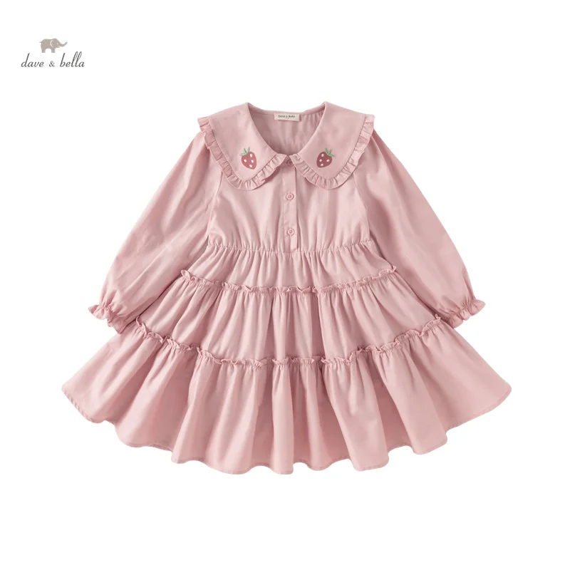 Dave Bella Girl's Princess Dress Children 2024 New Spring Comfortable Casual Fashion Pure Cotton Sweet Gentle Pink DK1248025