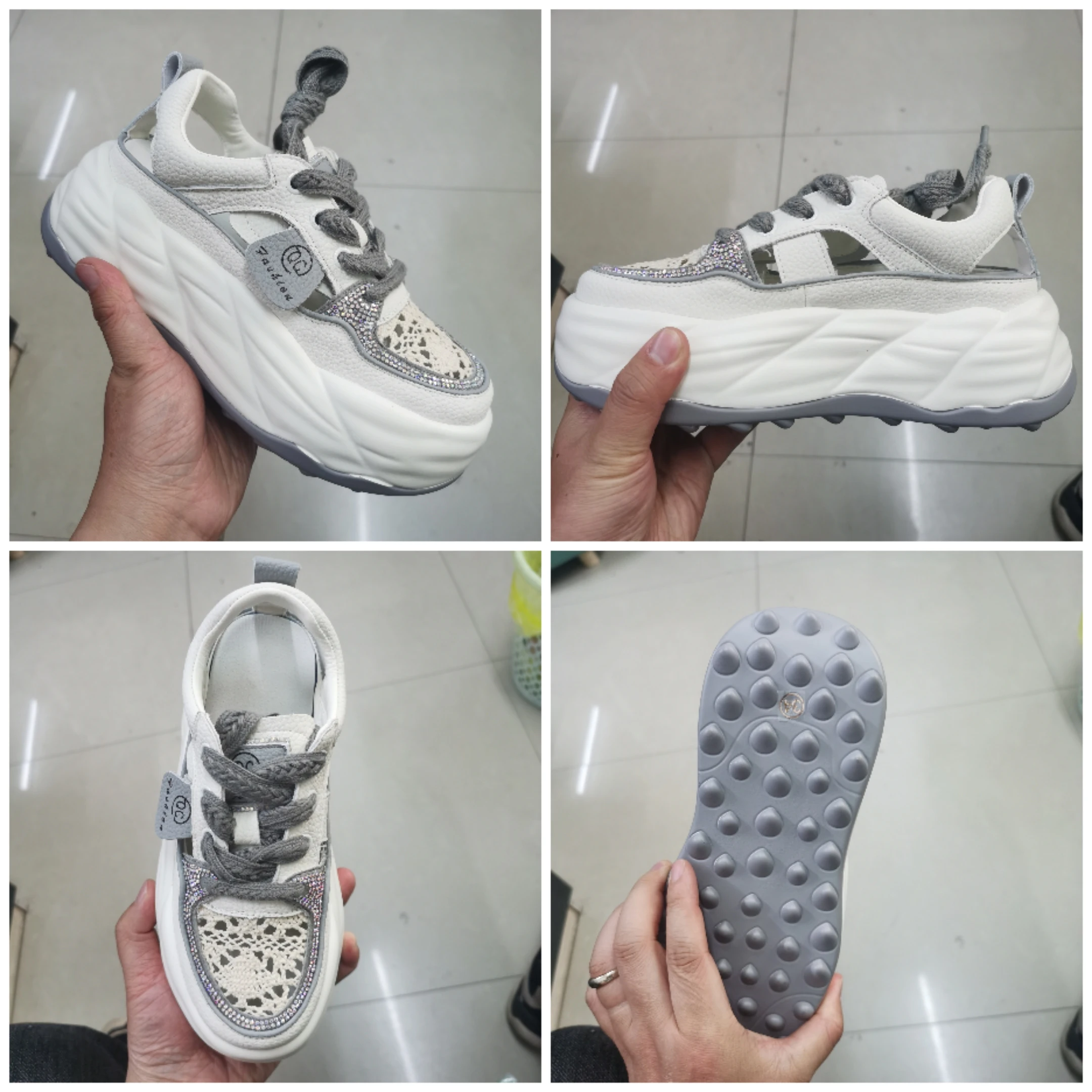 Fujin 5cm koronkowe Rhinestone z prawdziwej skóry zjeżdżalnie puste damskie letnie oddychające botki damskie sandały na platformie buty na koturnie