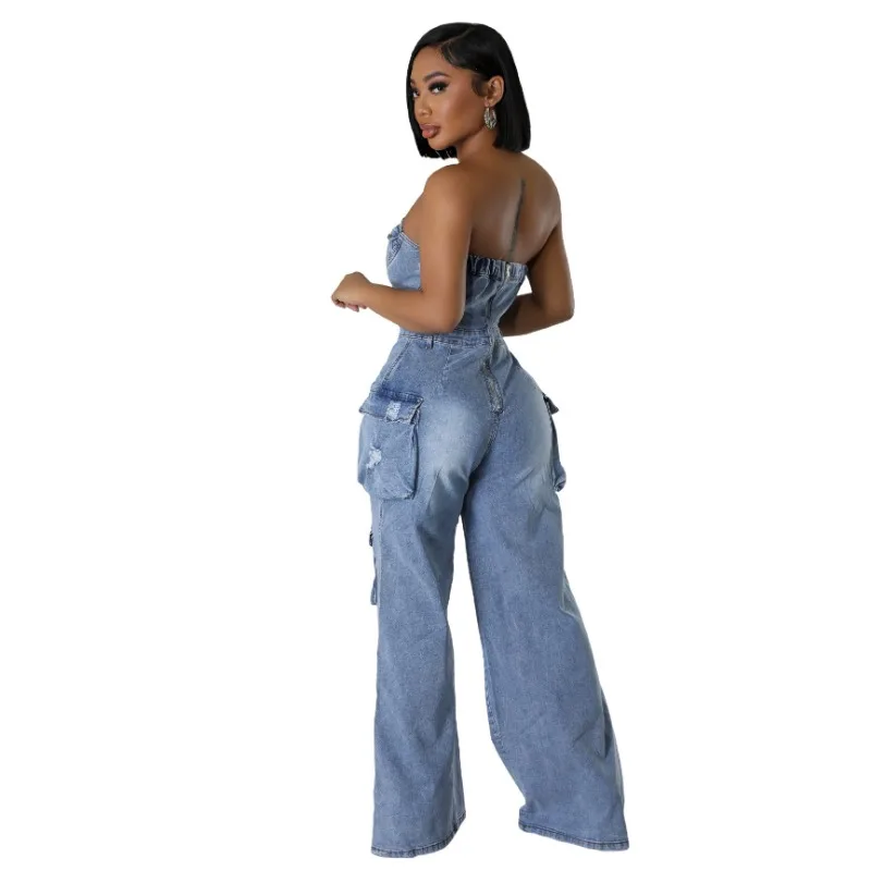 Y2k Women's Denim Jumpsuit Trendy Fashion Spice Chest Breasted Multi-Pocket Cargo Pants Hollow Out Sexy Streetwear Slim Overalls