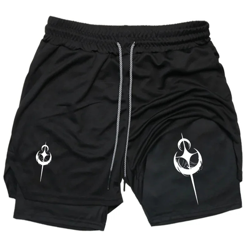 

Мужские спортивные шорты 2-в-1 для тренировок и фитнеса, летние, дышащие, быстросохнущие, с карманом для телефона, эластичным поясом, цвет хаки.