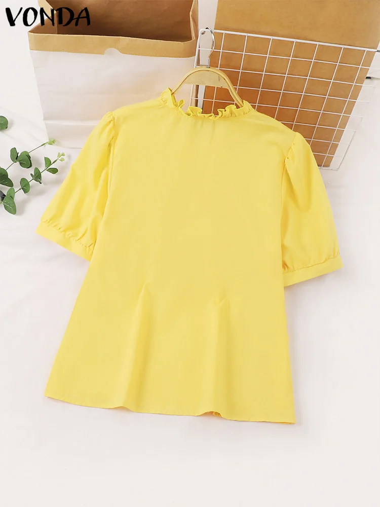 Women Summer Blouses 2024 Fashion Tops VONDA Short Puff Sleeve Stand Collar Ruffled Shirts Casual Loose Elegant Office Blusas