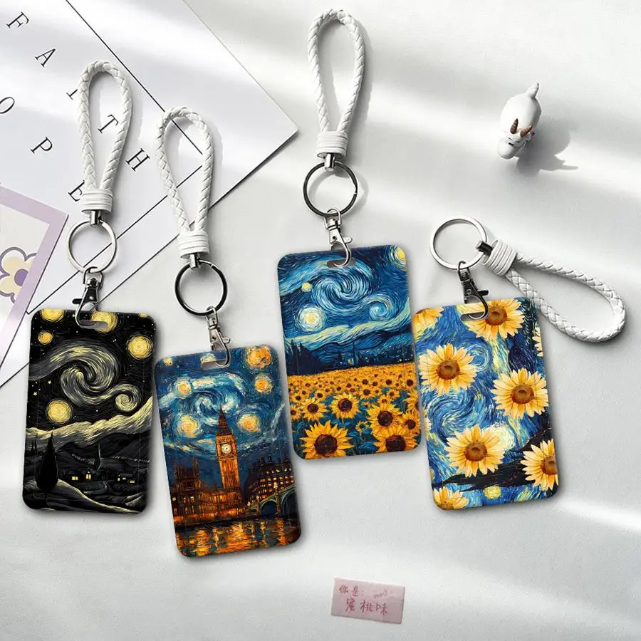 1Pc Card Holder Retractable Credit Card Holders Holders Child Bus with lanyard Bank ID Badge Cover Case Van Gogh SunFlower