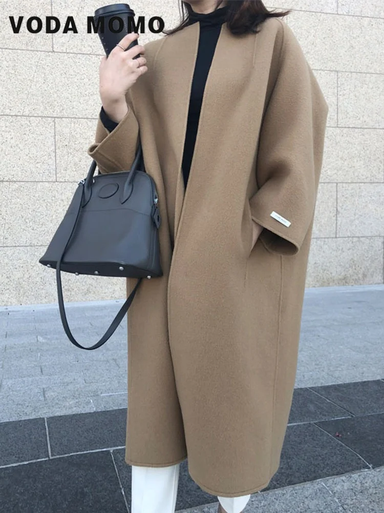 Elegant Coat Commuting style Simple Woolen Outerwear Warm Lady Casual Open Stitch Pure Color Winter Long Woolen Coat Coldproof