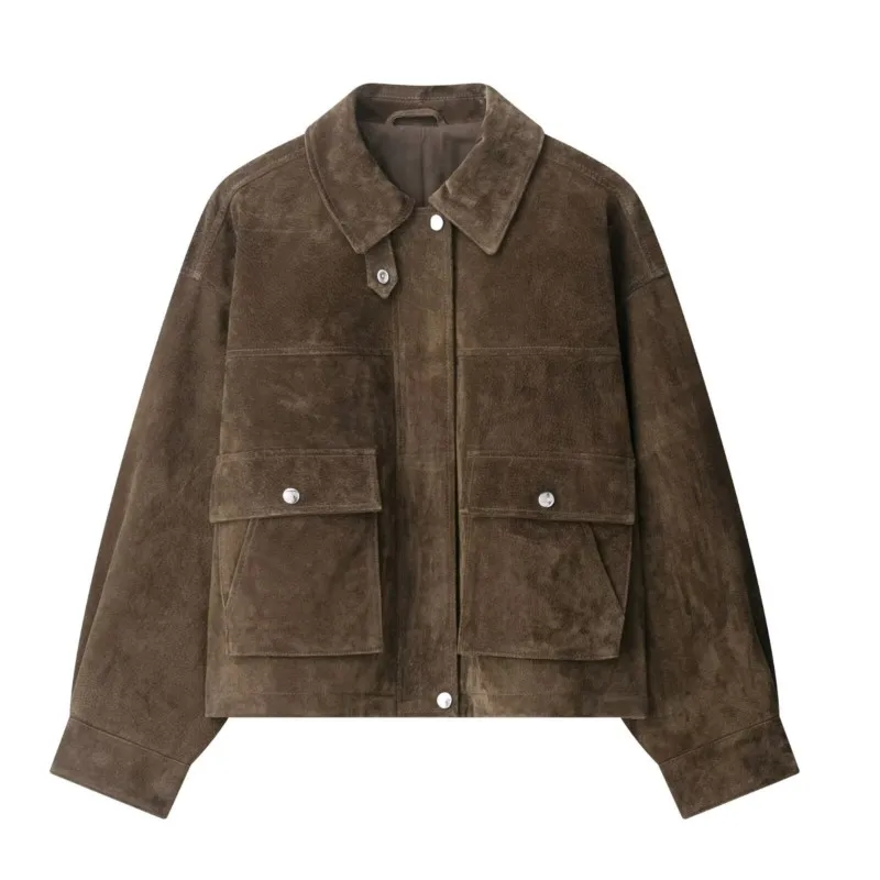 Retro Bomber Jacken Frauen 2025, Neue Herbst Winter Casual Große Taschen Drehen-unten Kragen Zipper Kurzen Mantel Mode Lose outwear