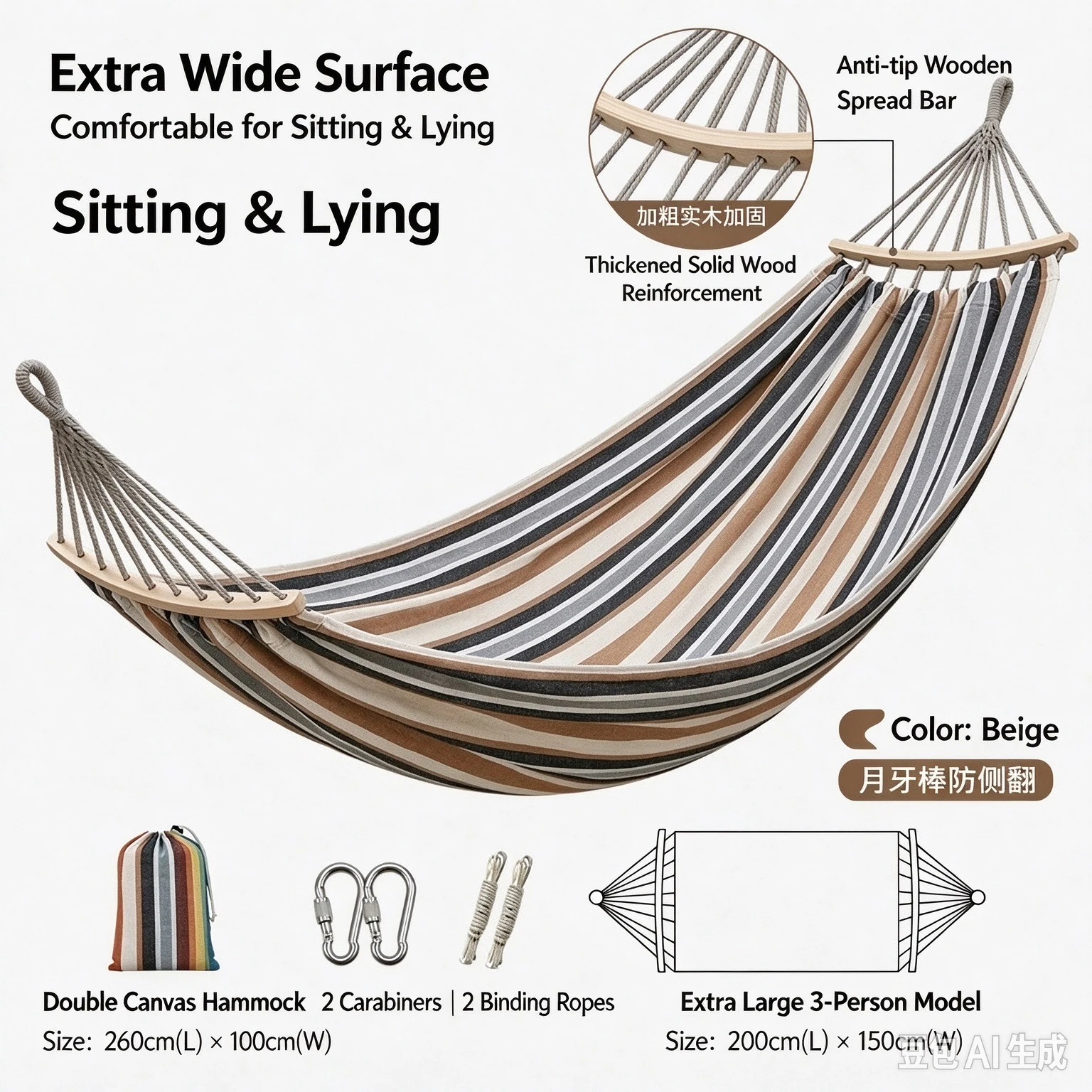 Wide 190×150cm Outdoor Camping Double Hammock 40cm Curved Spreader Bar Anti Tip Hammock with Safety Buckles