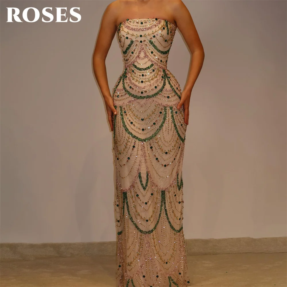 

ROSES Beige and Emerald Green Prom Dresses Strapless Mermaid Gala Dress with Crystal Saudi Arabic Evening Party Gown Customized