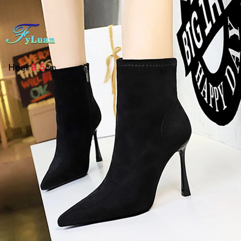 العلامة التجارية الجلد المدبوغ الجوارب 9.5 سنتيمتر خنجر تنوعا أحذية للنساء ربيع الخريف البريدي عالية الكعب الأسود أشار تو أنيقة حذاء من الجلد