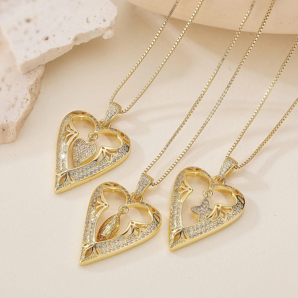 Hollow Heart Double Charm Pendant Necklace Brass Shiny CZ Zircon Inlay Fashion Layered Chain Neck Jewelry For Women Daily Wear