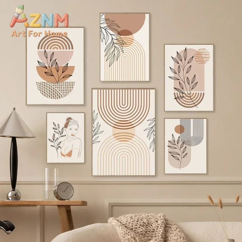 Boho Light Colour Block Canvas Painting Nordic Minimalist Lines Wall Art People Leaves Wall Art Home Living Room Decoration