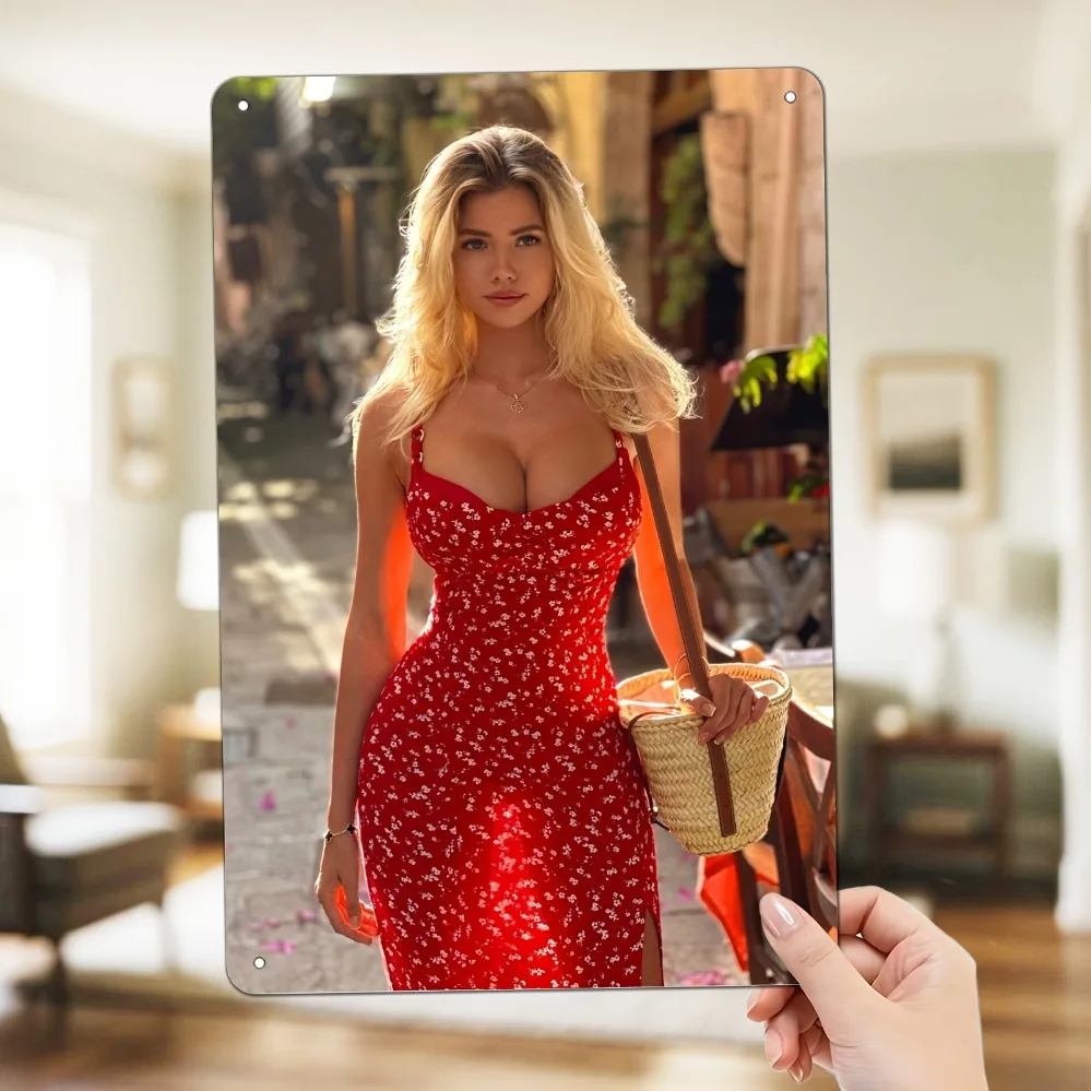 2D Fire Red Polka Dot Vintage Long Dress Blue-Eyed Blonde Mixed Girl Aluminum Wall Art, for Garage Bar Garden Pub Birthday Gi