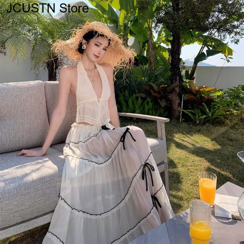 Vacation Style Dress Set Y2K 2Pcs Outfits Woman Summer Sexy Ruffles Mesh Dress Halter Sheer Camis Top&skirt Party Chic Vestidos