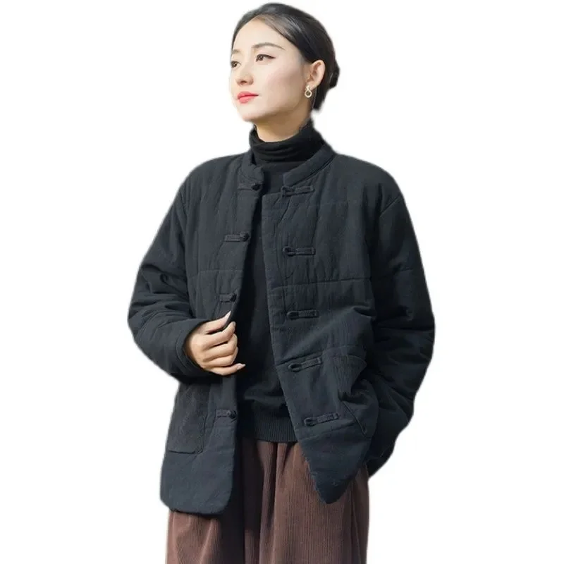 Thickened Cotton Jacket, Women Winter Loose Tang Suit, Button Up Ethnic Style Cotton Jacket, Zen Tea Jacket, Retro Cotton Jacket