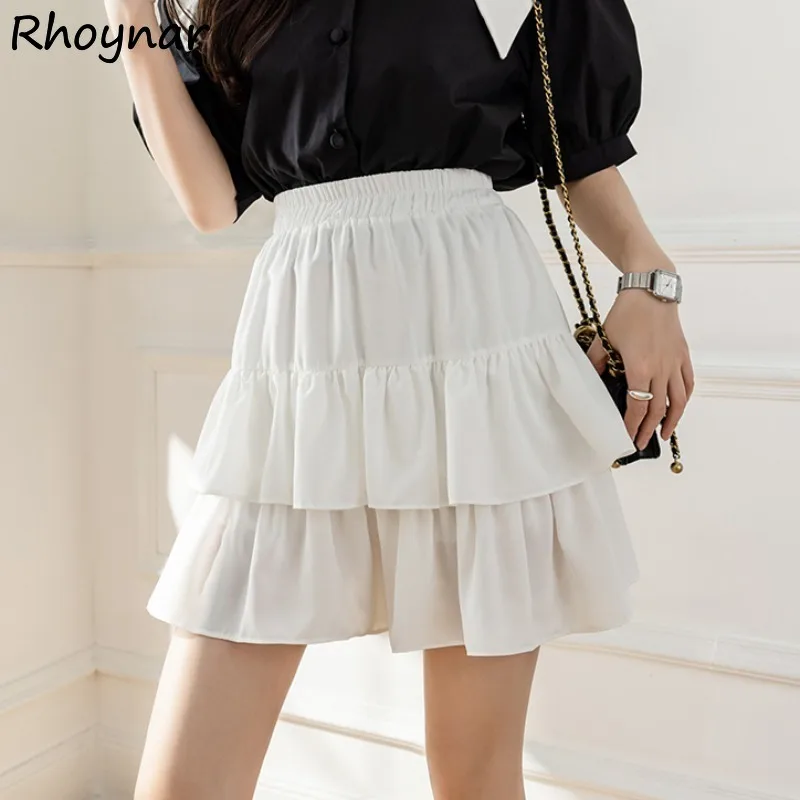 

Skirts Women Y2k A-line Elastic Waist Mini Solid High Street Ruffles Lovely Girlish Korean Fashion College Casual Simple Summer