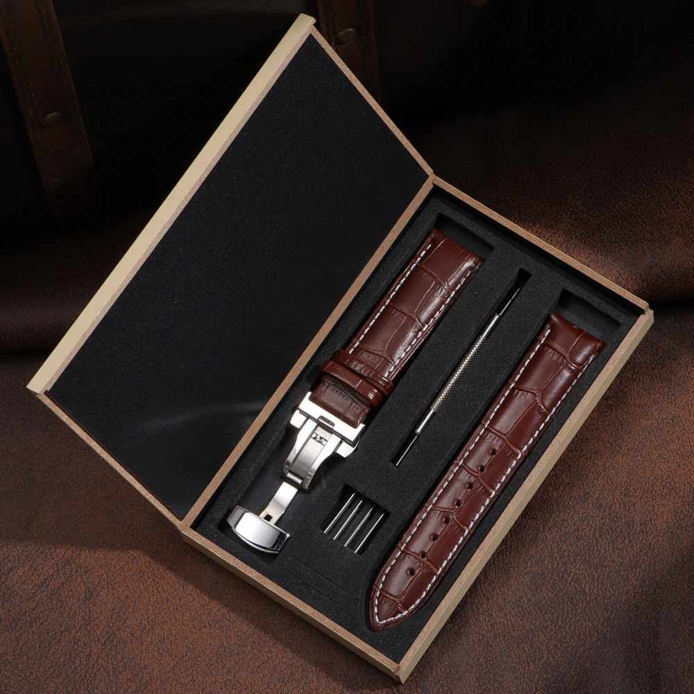 12/13/14/15/16/17/18/19/20/21/22/23/24 mm Echtlederarmband mit Box, Armband, Armband, Schmetterlingsverschluss, Uhrenzubehör