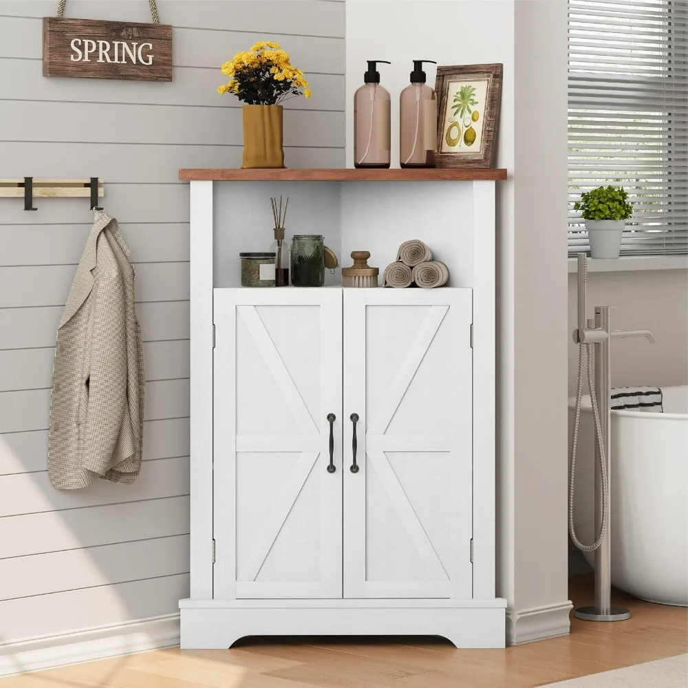 

Bathroom Corner Storage Cabinet, Farmhouse Floor Corner Cabinet with Barn Door and Adjustable Shelf, Narrow Cabinets Organizer