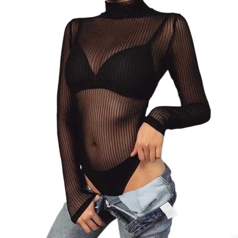 

77HE See Through Mesh Bodysuit for Women Long Sleeve Striped T-Shirt Jumpsuit Leotard