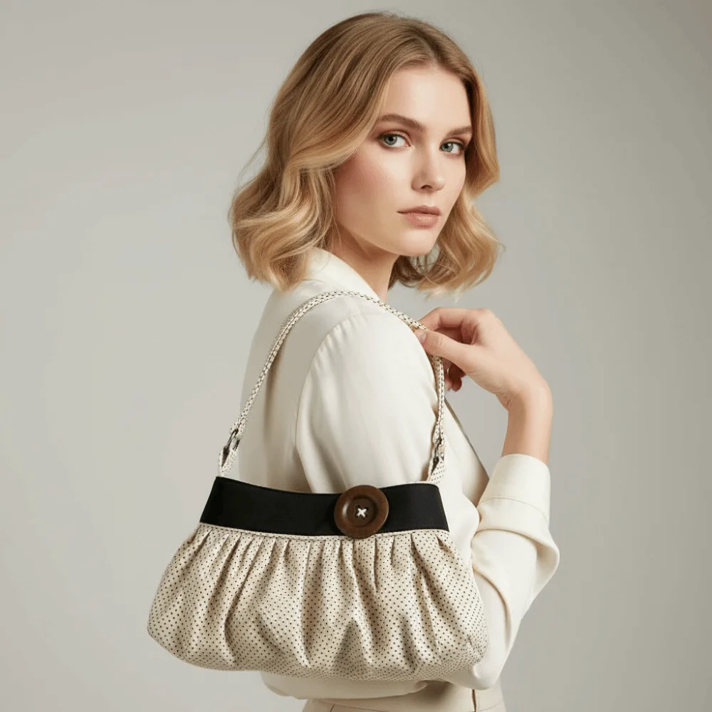 Canvas Totes Polka Dot Pleated Bag Contrast Color Pleated Shoulder Bags Elegant Compact Underarm Purses Travel