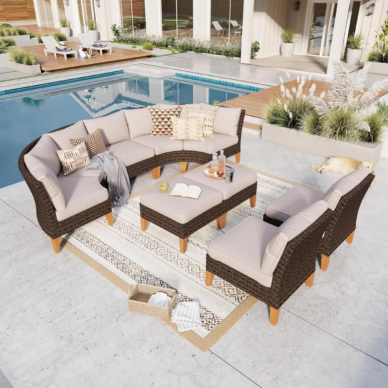 9 Pieces Wicker Patio Furniture Set, All-Weather Outdoor Rattan Half-Moon Curved Patio Sectional Sofa Conversation, Customized
