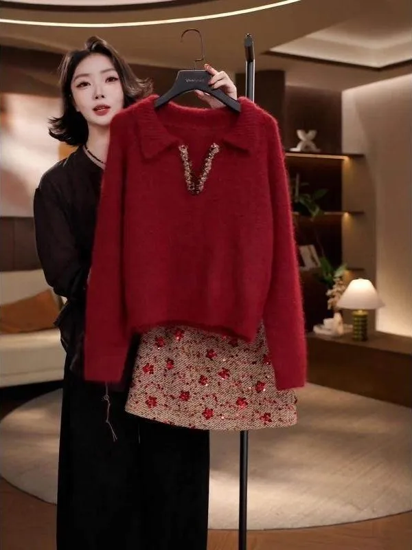 

Autumn Winter Women's Lazy Style Red Sequin Knitted Sweater Slim A-Line Skirt Two-Piece Set Elegant Fashion plus Size Clothes