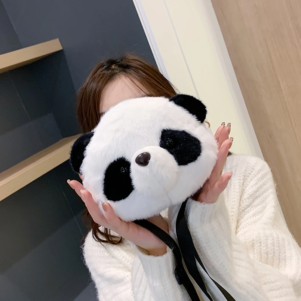 Women Cute Cartoon  3D Plush Panda Crossbody Bag Female Winter Warm Fluffy Messenger Bag Mobile Phone Pouch Ladies Travel Purses