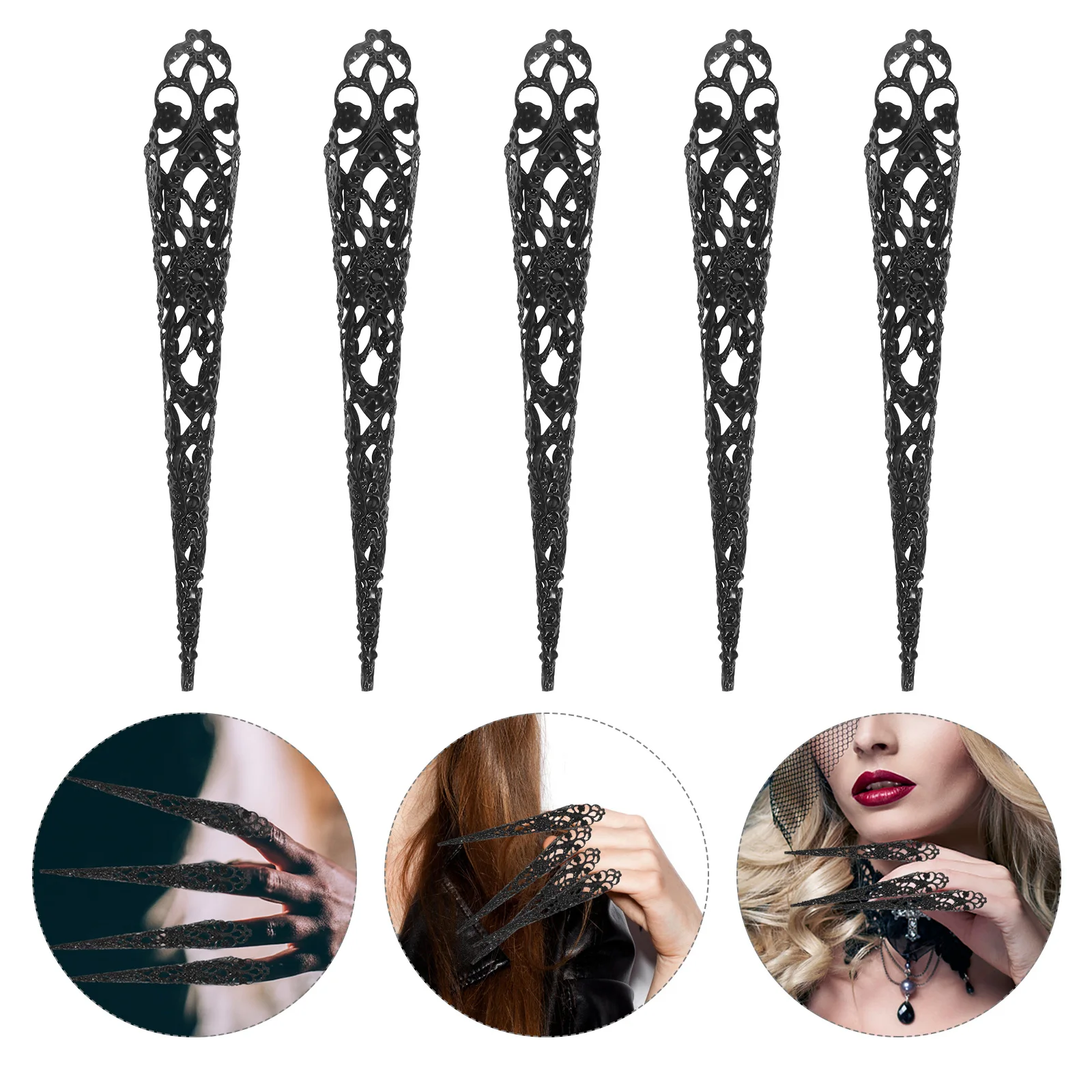 

5 pcs Fingertip Claw Ring Black 12cm Metal Gothic Fake Finger Nails Hollow Design Costume Accessories Halloween Party Cosplay