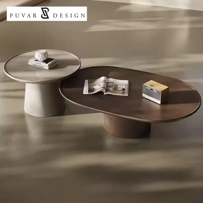 Nordic Minimalist Living Room Table High and Low Combination Nesting Wooden Smoked Color Oval Round Coffee Table