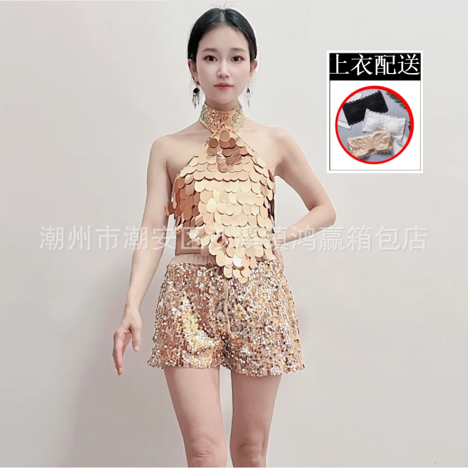 

New Sequined Jazz Dance Costume Modern Trendy Sequined Belly Pocket Shorts Suit