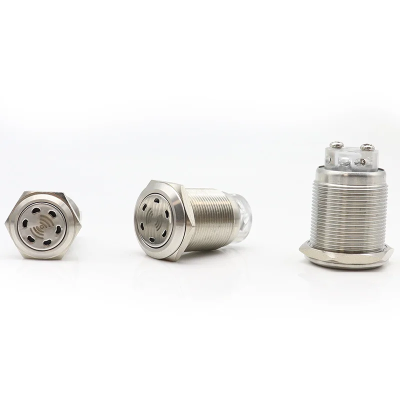 Metalowy przycisk brzęczyka, 16mm 19mm 22mm, wysoka głośność DB ze stali nierdzewnej, dźwięk i światło, Alarm przerywany, 12-24V