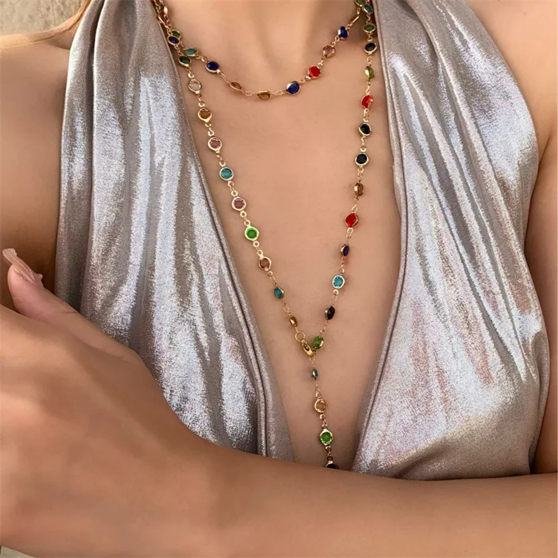 Böhmische bunte Kristall-Zirkon-Halskette für Frauen, glänzende Strass-Y-förmige lange Quasten-Halskette, trendige Y2K-Schmuckgeschenke – Detail 17