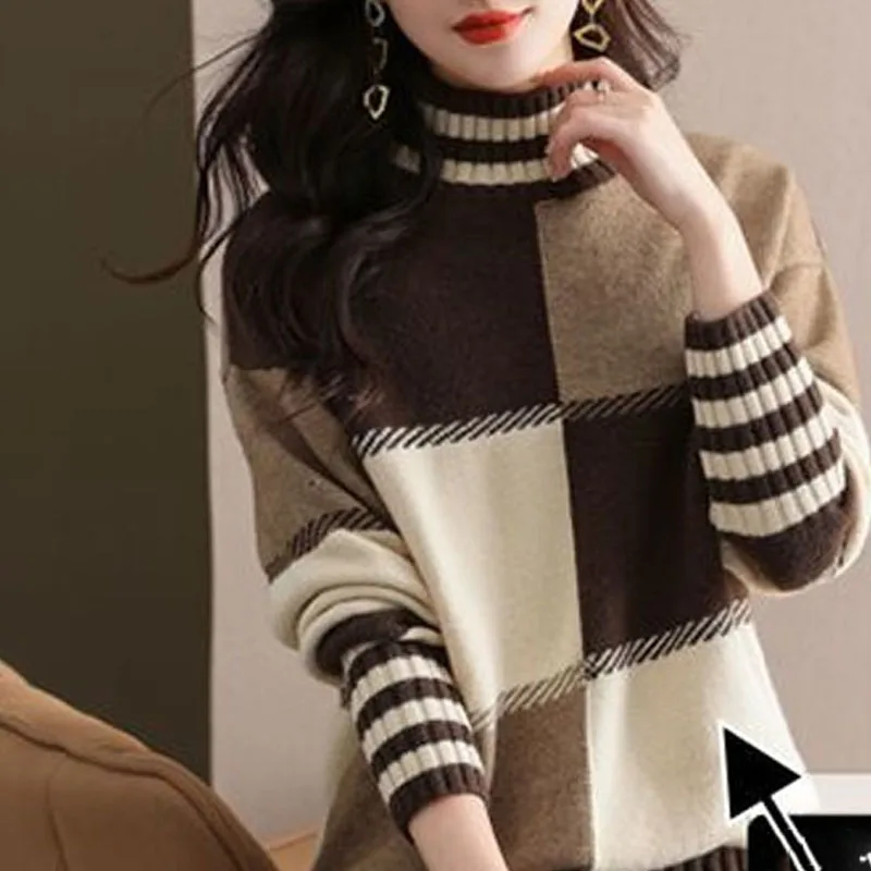 New Fashion Trend Half High Neck Contrast Stripes Loose and Thickened Versatile Slim and Fashionable Women\'s Knitted Sweater