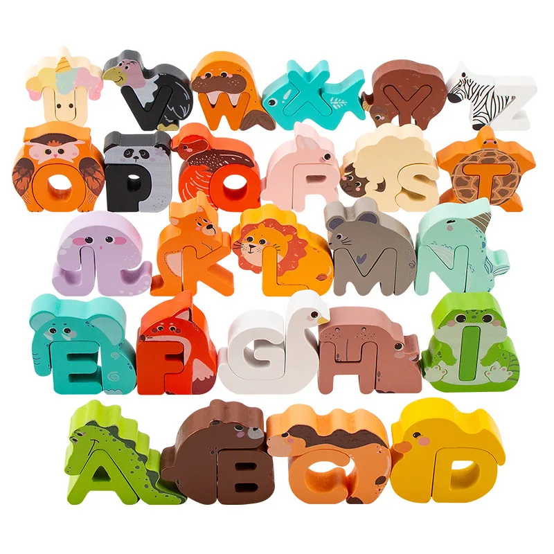 26-Piece Animal Alphabet Wooden Blocks – Natural Pine Wood, Water-Based Paint, 3D Stackable Learning Toy for Kids