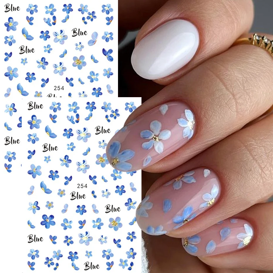 2 pcs 3D Blue Water Color Flowers Nail Stickers Kawaii Petals Adhesive Sliders for Nails Spring Summer Florals Nail Art Decor