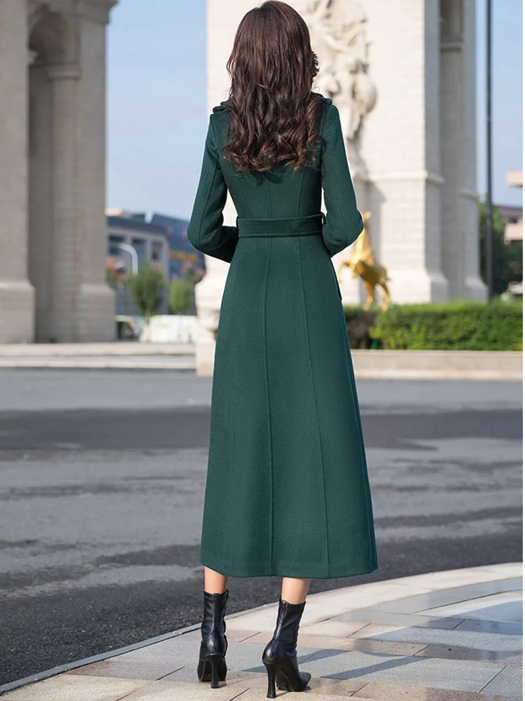 New Women Long Woolen Coat Autumn Winter Fashion Double Breasted Slim Wool Blends Overcoat Elegant Cotton Liner Warm Outerwear