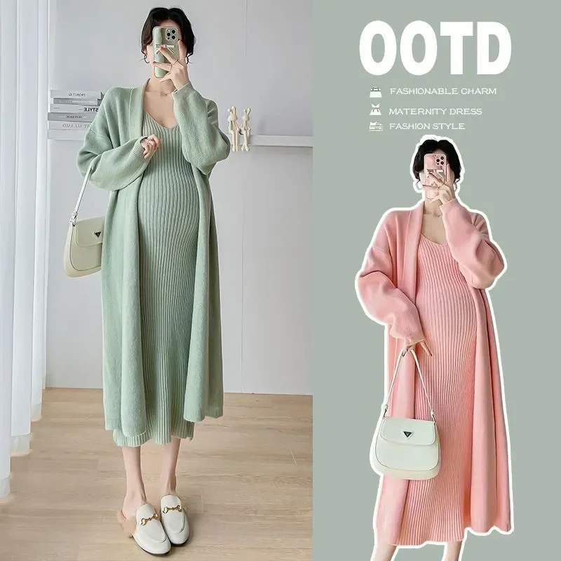 

New Maternity Suit Knitted Suspender Dress + Sweater Autumn Winter Slim Long Coat with Hip Bottom Skirt Fashion Sweater Clothes