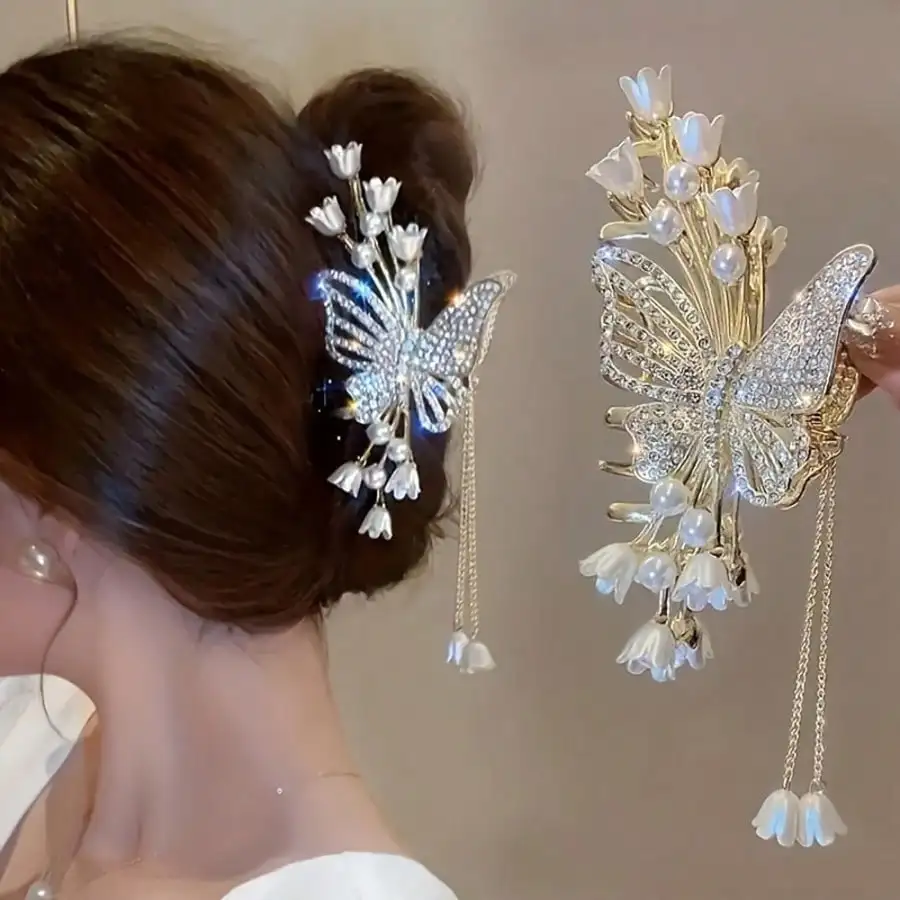 

Luxury Metal Hair Claw Clips, Rhinestone Tassel Butterfly & Lily of the Valley Hairpins, Elegant Women Hair Accessories, Delicat
