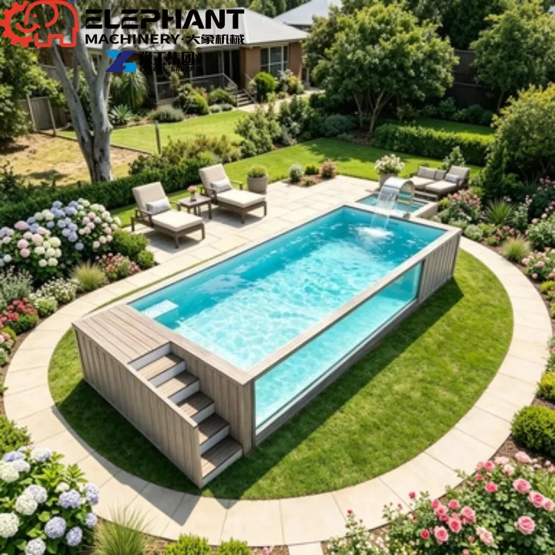 Luxury Outdoor Garden Swimming Pool, Custom 20ft Wooden Fiberglass Container Spa Plunge Pool With Mosaic Acrylic Decoration