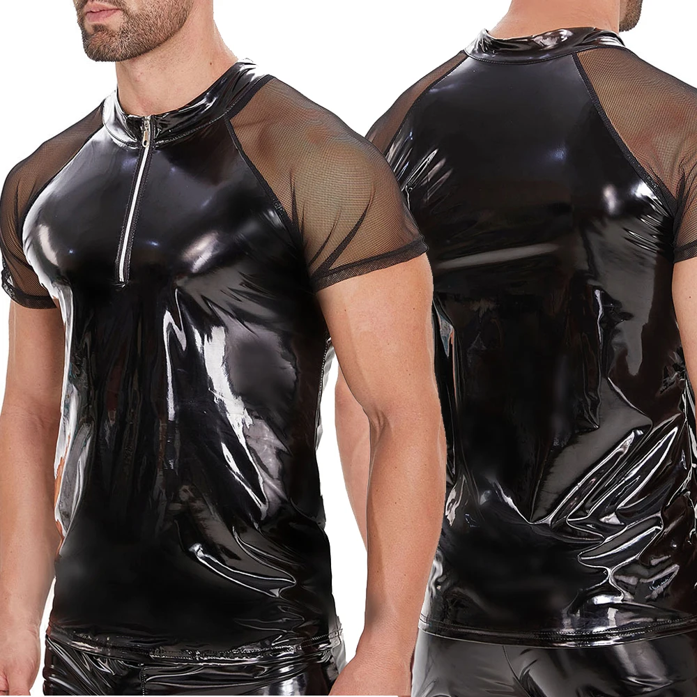 

Men Black Wet Look Mesh PVC Leather Shirt Tops Short Sleeve Half Front Zipper T-Shirts Male Clubwear Latex Dance Stage Costumes
