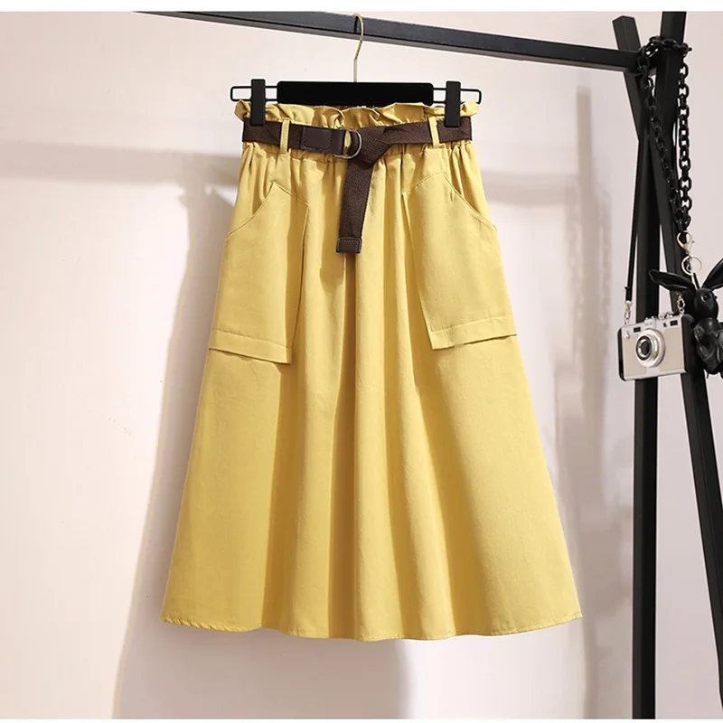 Midi Knee Length Summer Skirt Women With Belt 2024 Spring Casual Cotton Solid High Waist Sun School Skirt Female